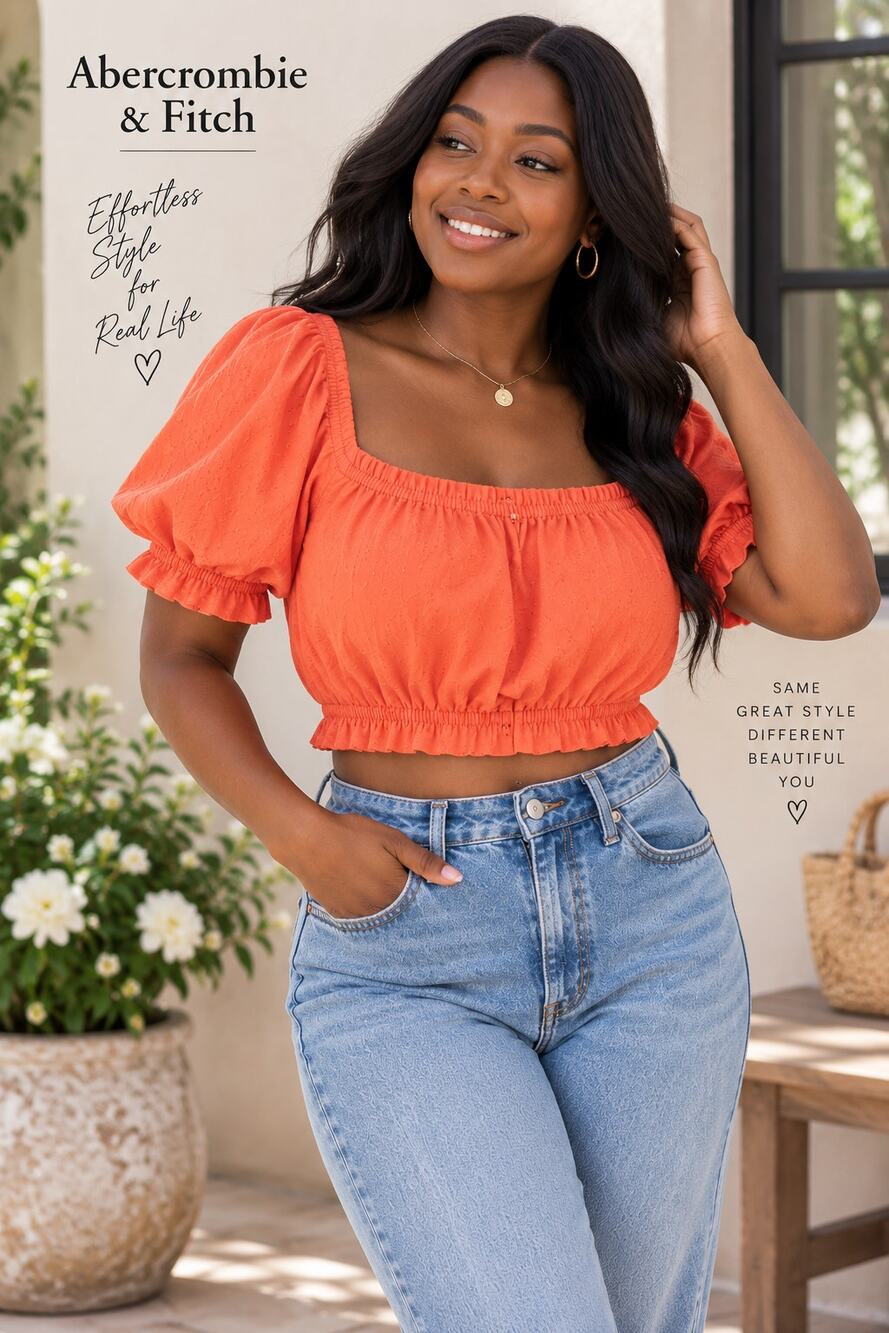 Abercrombie & Fitch Coral Puff Sleeve Crop Top Small